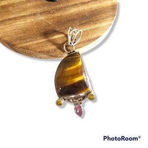 Tiger Eye Pendant With Citrine and Rose Quartz Crystals In Sterling Silver